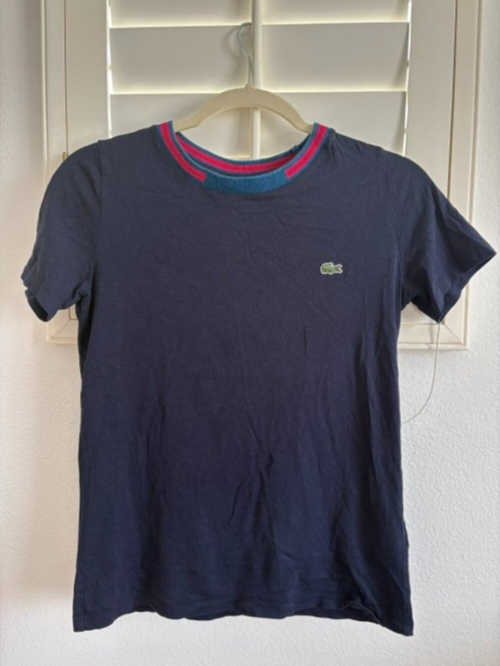 Lacoste Women's Navy T-Shirt Contrast Trim Crocodile Logo 34 XS